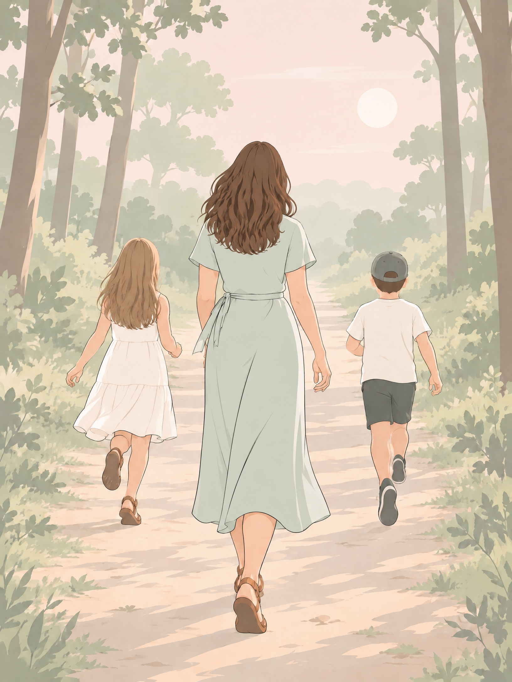 Flächige Comic-Illustration von Aylin mit ihren zwei Kindern von hinten auf einem Waldweg